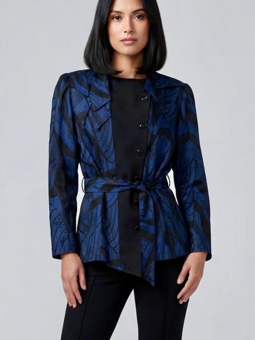 90s Ka Lai Vintage Blue Black Abstract Leaf Jacquard Belted Blazer Asymmetric S